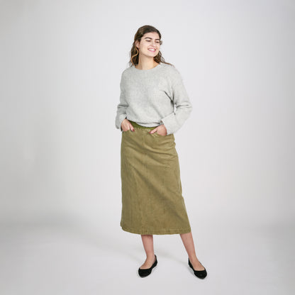 Ivy Distressed Martini Olive Denim Skirt