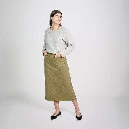 Ivy Distressed Martini Olive Denim Skirt