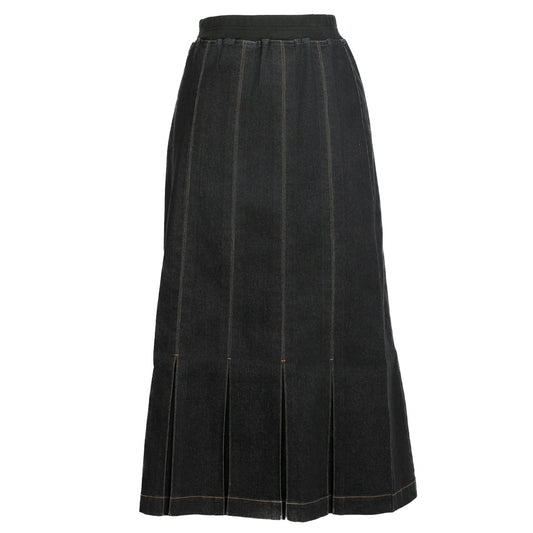 Pleated Panel Black Denim Skirt