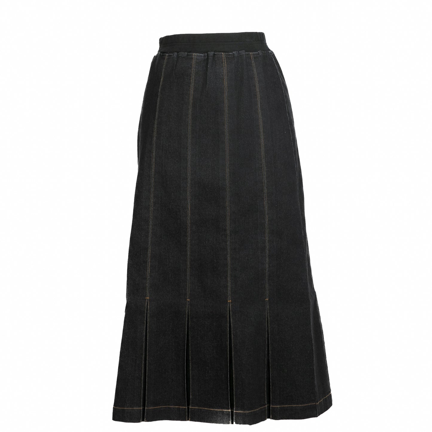 Pleated Panel Black Denim Skirt