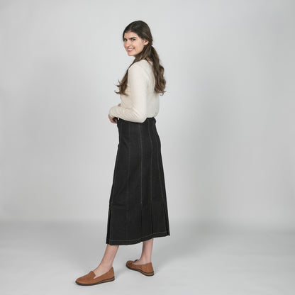 Pleated Panel Black Denim Skirt