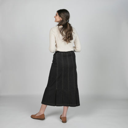 Pleated Panel Black Denim Skirt