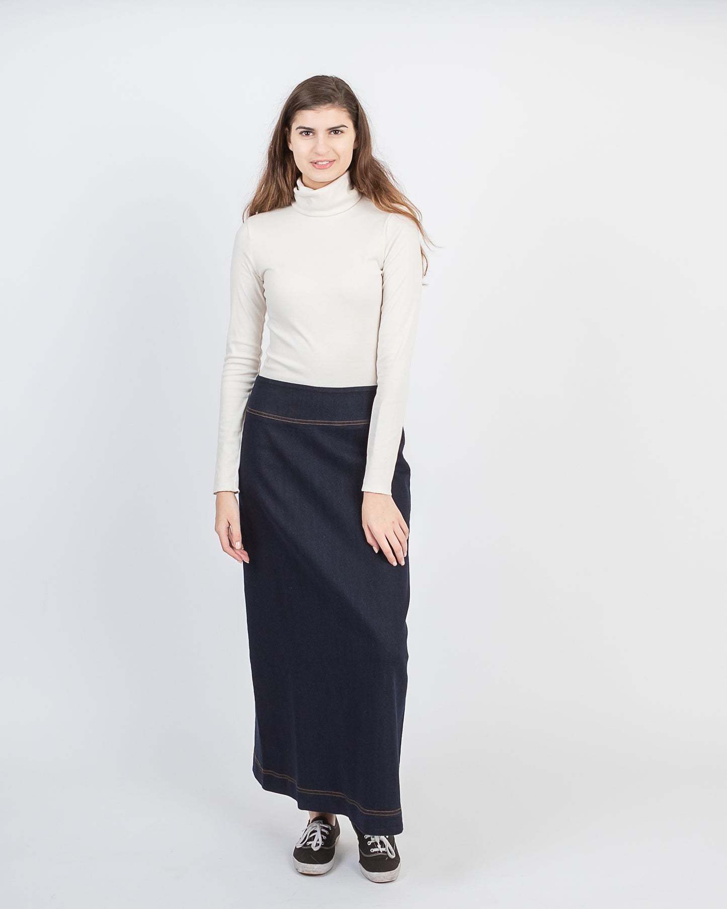 Long denim skirt on Model from NewCreation Apparel